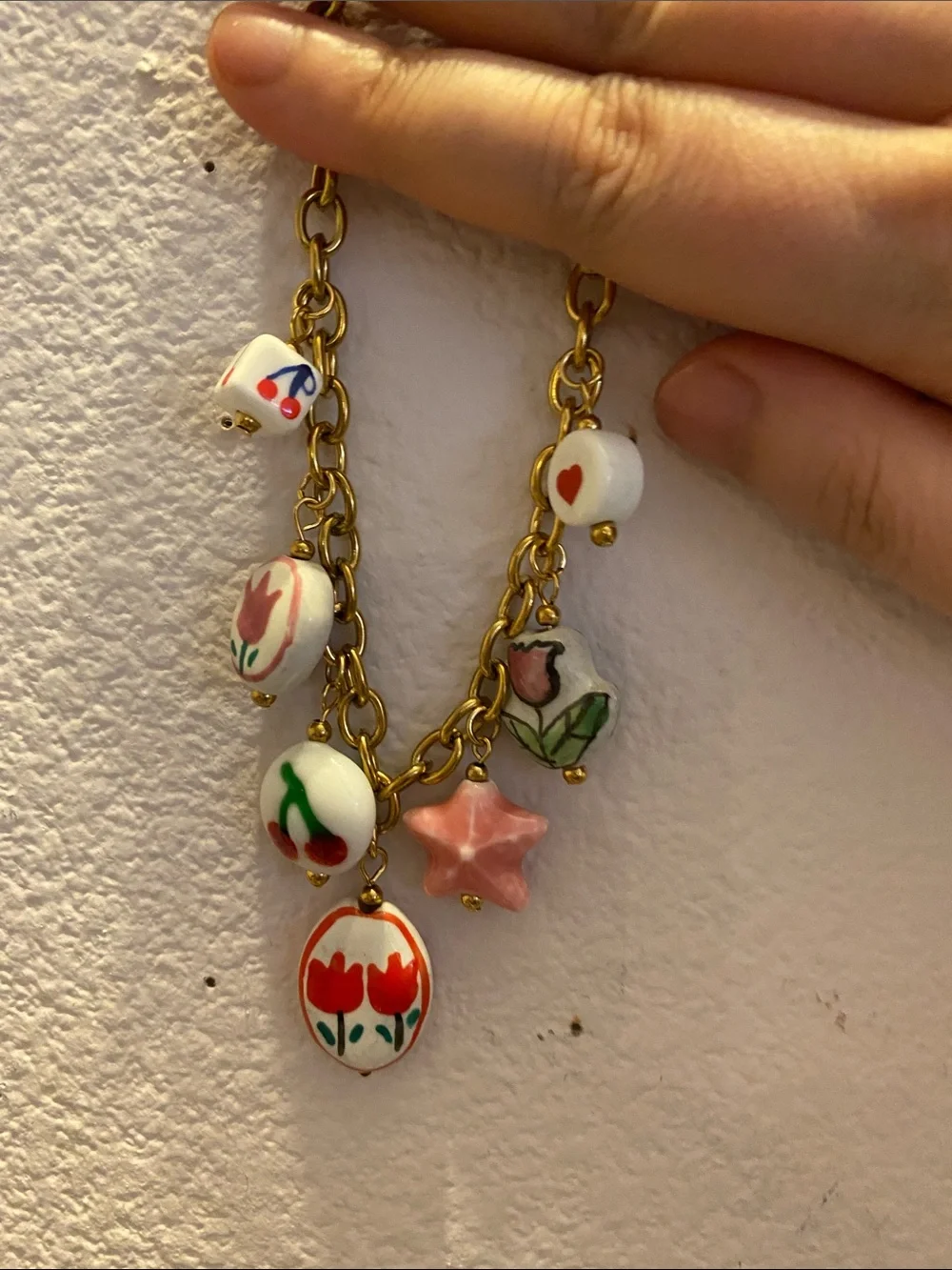 Gold Chain Necklace with White Floral Ceramic Charms